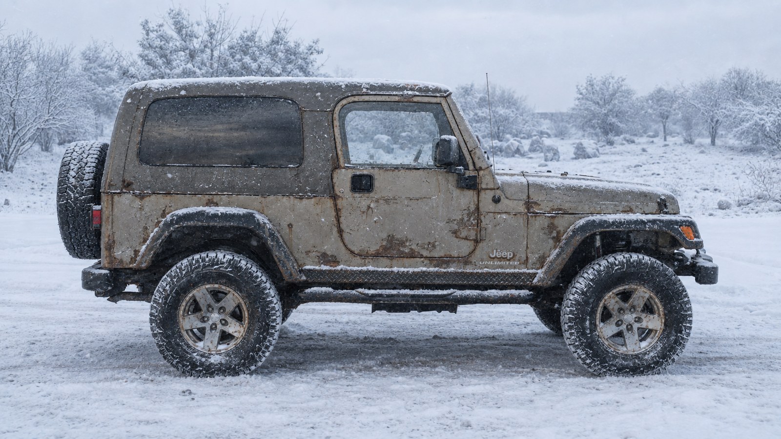Illustration of the same Jeep after years in a road-salt climate, showing rusted rocker panels and snow
